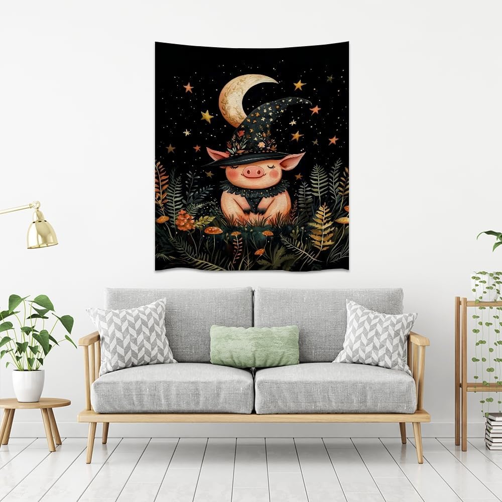 Whimsical Witch Pig Tapestry Wall Hanging Cute Farmhouse Animal Tapestry Aesthetic Moon and Stars Pictures Print Cottagecore Witchy Halloween Artwork Tapestries Decor for Living Room Bedroom 70x90inch
