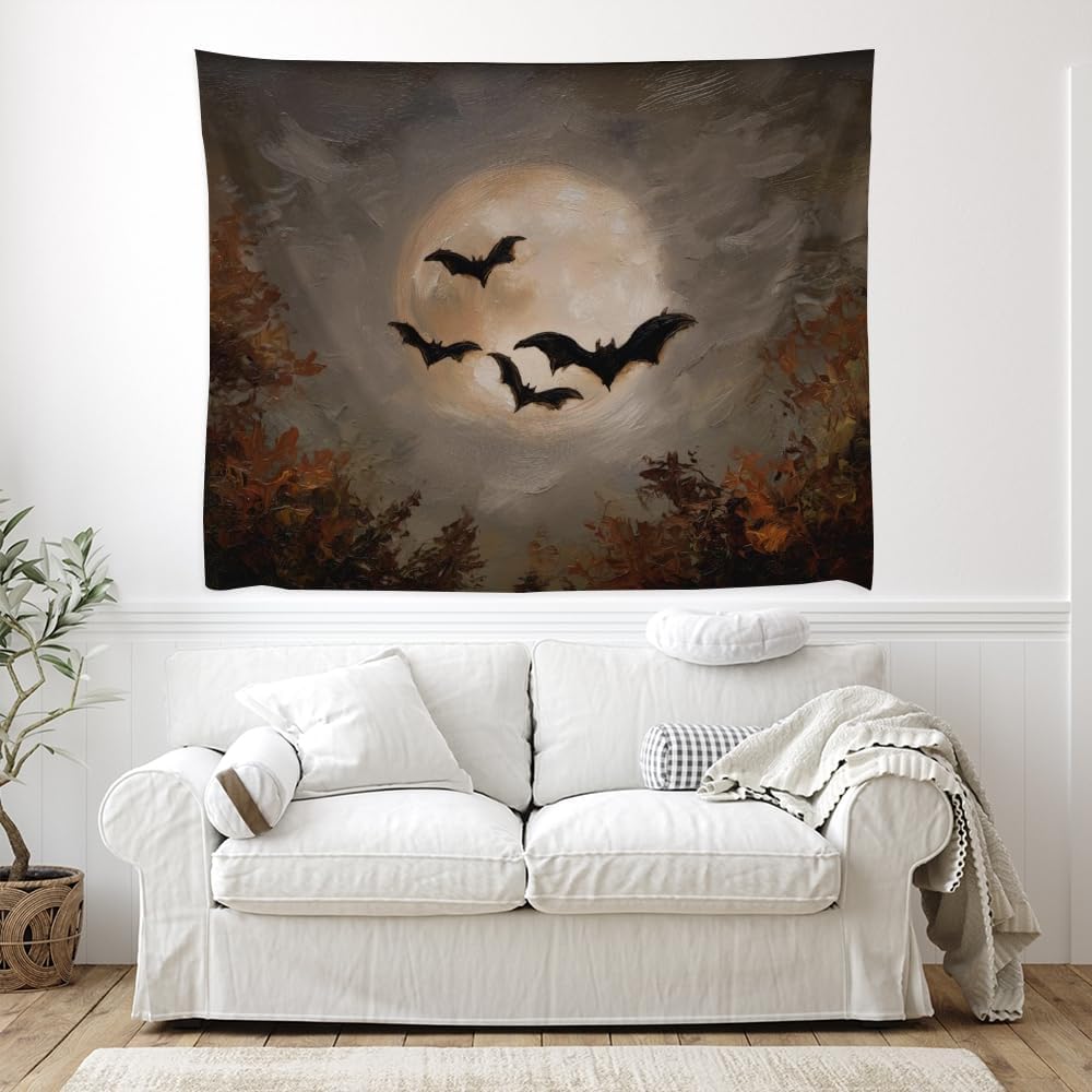 Spooky Halloween Bats Dark Academia Full Moon Autumn Leaves Wall Hanging Vintage Haunted Home Artwork Gothic Witchy Ghost Tapestries for bedroom Living Room Decor 30x40inch