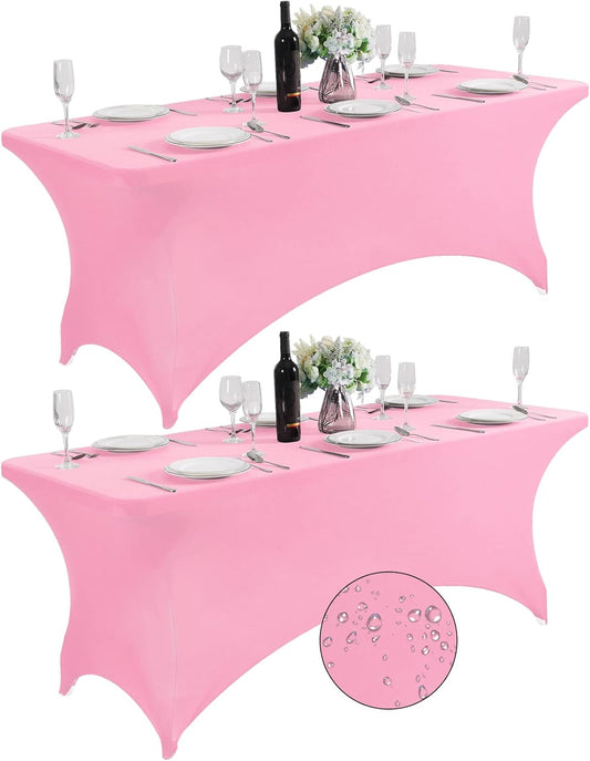 SuperO 2Pack Waterproof Spandex Table Cover for 6FT Table Universal Fitted Stretch Tablecloth for Party, Banquet, Wedding and Events-Pink
