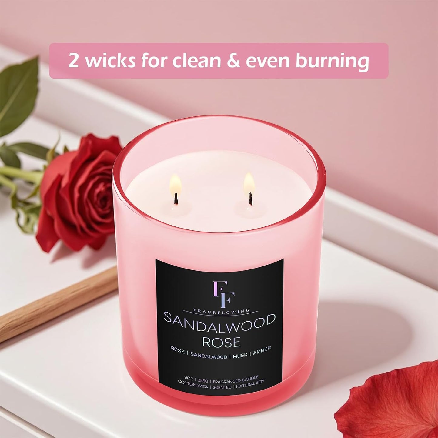 Sandalwood Rose Scented Candle, 2-Wick Luxury Soy Wax Candle, 9 oz Aromatherapy Candle Home Fragrance Candles Gift