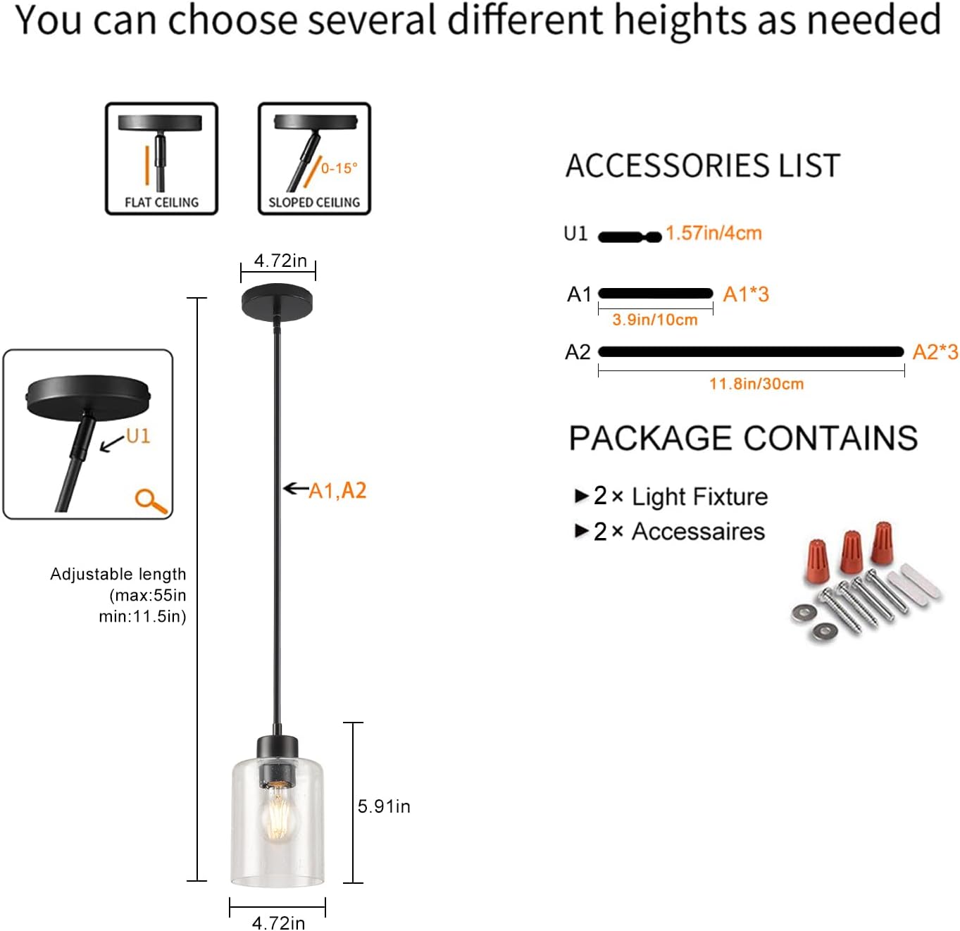 Black Pendant Lights Kitchen Island - Seeded Glass Pendant Light Fixture Multiple Stems Rods 3 Units 12 Inch 3 Units 4 Inch (2 Pack Black Seeded Downrod)