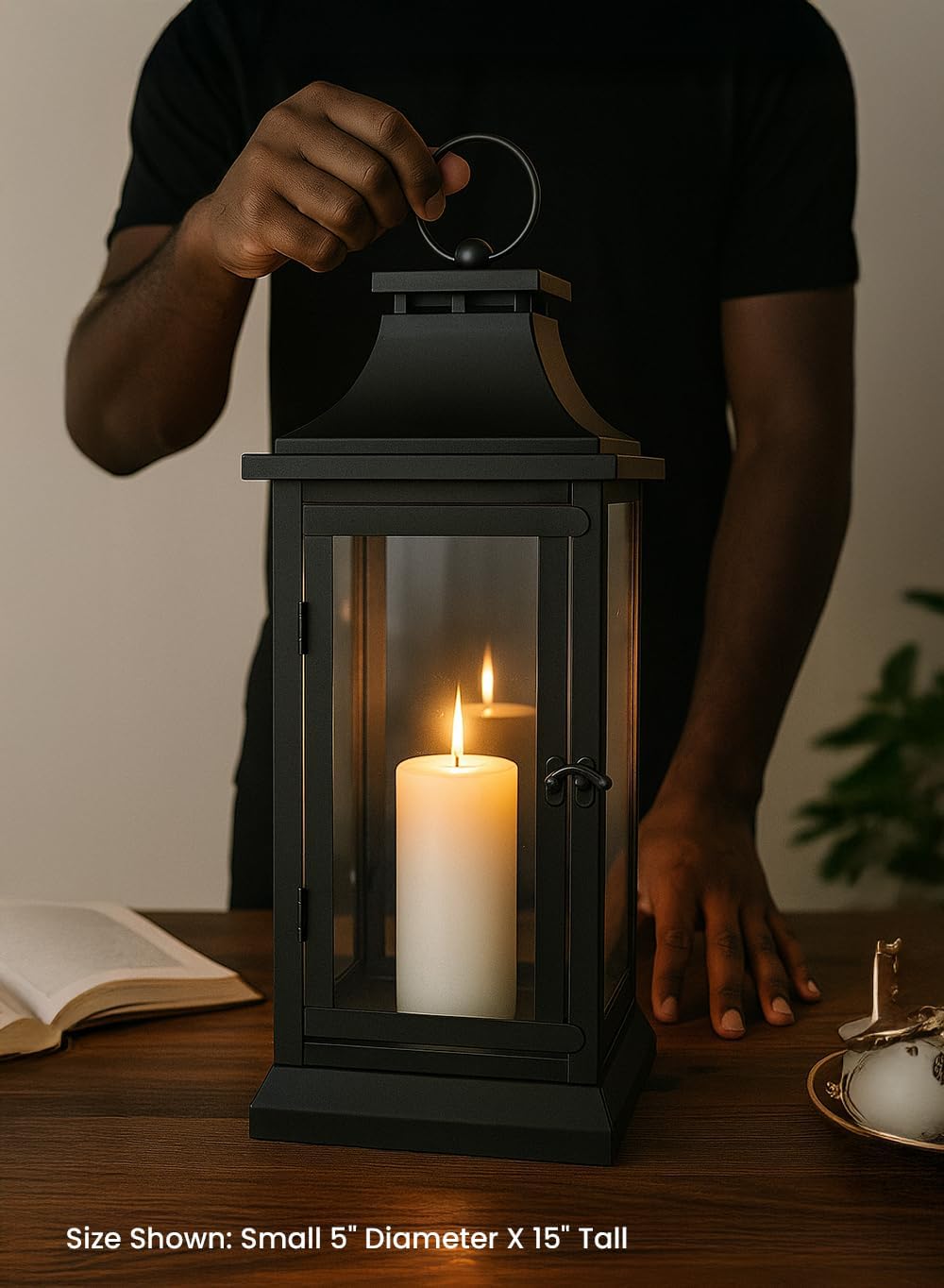 Serene Spaces Living Set of 4 Black Hurricane Lanterns with Clear Glass Panels - Ideal for Home Decor, Parties & Events - Table Top or Hanging Lantern for Indoor & Outdoor Use - Measures 15" Tall