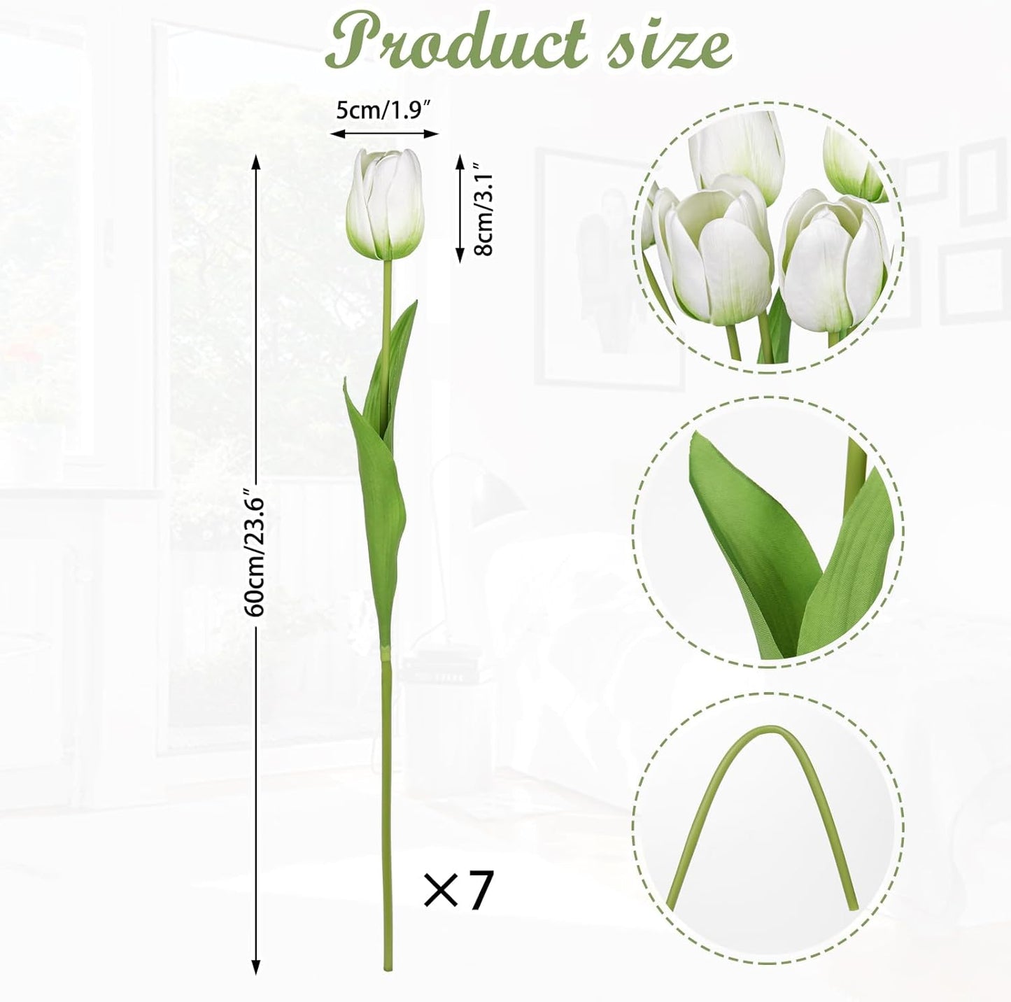 Artificial Tulips Flowers – 24" Long Stem Faux Tulips, 7PCS Real Touch Fake White Tulip for Vase, Farmhouse, Kitchen, Spring & Wedding Home Decor