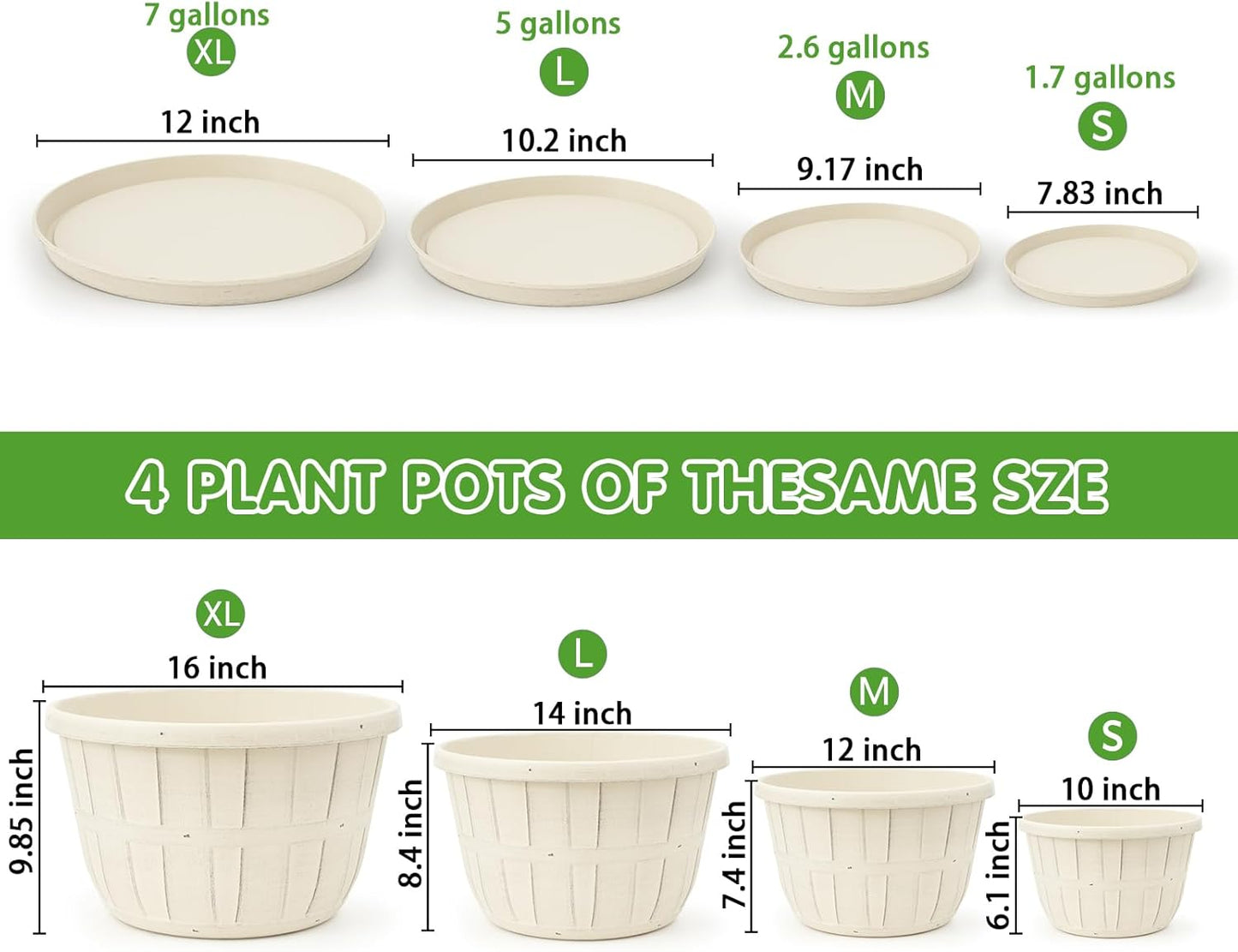 Quarut Plant Planters Pots Set of 4 Pack 16 Inch，Large Plastic Flower Pot for Indoor Plants with Drainage Holes & Trays, Whiskey Barrel Planters with Saucer for House Outdoor Garden Plant（White）