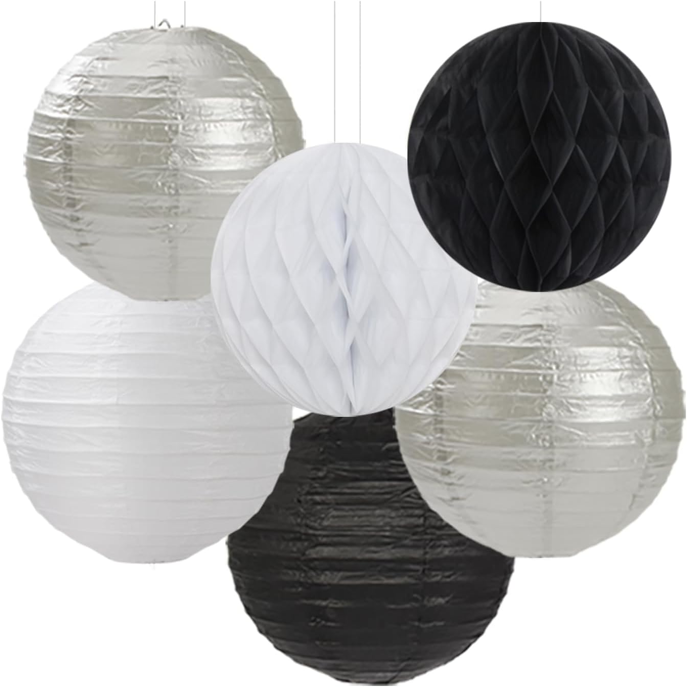 Black-White Silver Party-Decorations Paper-Lanterns - 14pcs New Years Streamers Fan,Tissue Pom Poms,Graduation Men Boys Birthday Wedding Baby Bridal Shower Decor Lasting Surprise