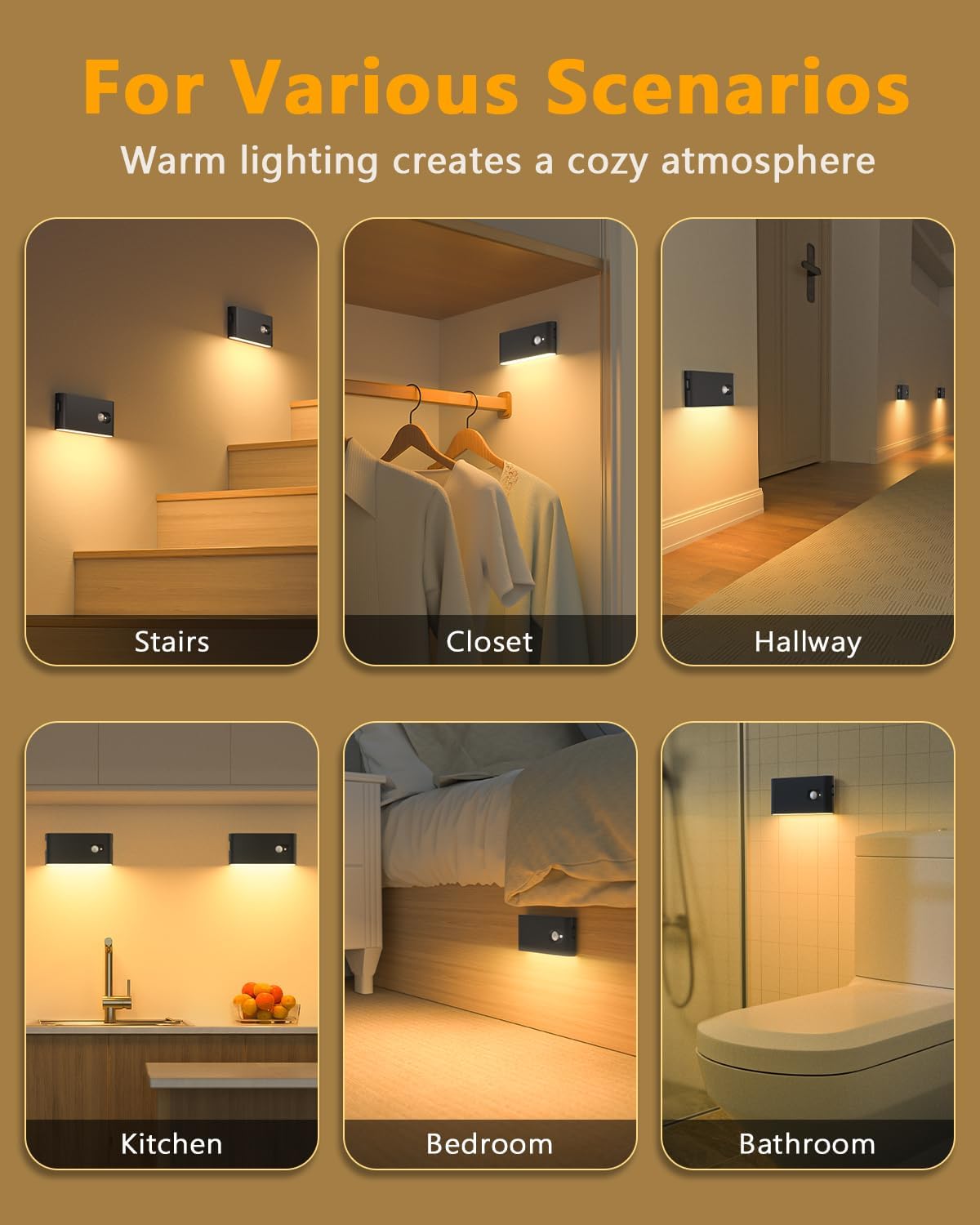 WILLED Motion Sensor Night Lights, Wireless Stair Lights Indoor, Battery Rechargeable Night Lights for Stairway, Hallway, Kitchen, Closet, Cabinet, Bedroom, Kids' Room(4-Pack)