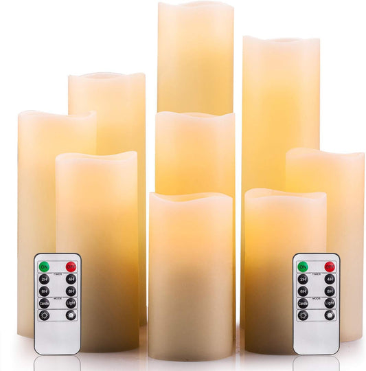 Flameless Candles Battery Operated Candles 4" 5" 6" 7" 8" 9" Set of 9 Ivory Real Wax Pillar LED Candles with 10-Key Remote and Cycling 24 Hours Timer