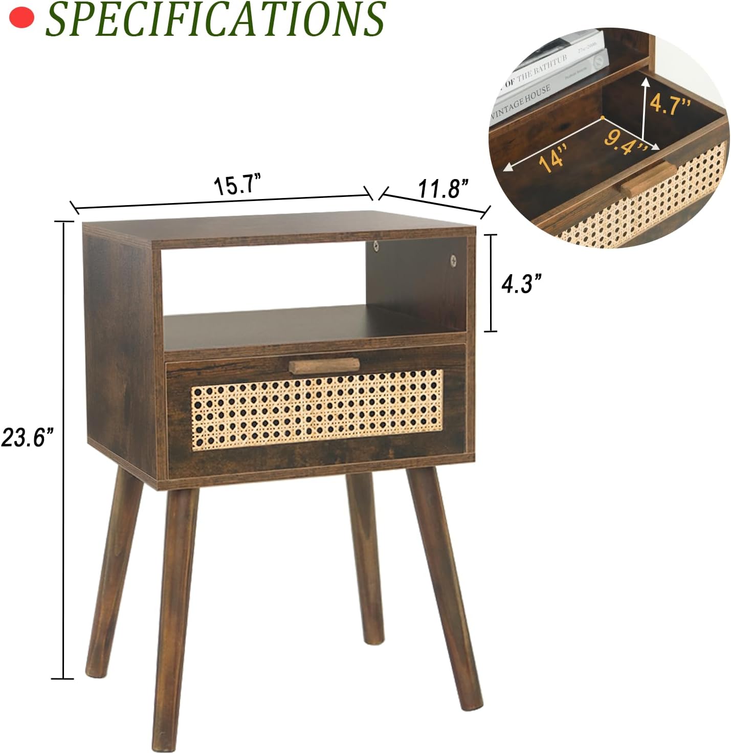 MaxSmeo Mid Century Nightstand, Rattan Side Table with Drawer, Wood Modern Bedside Table for Bedroom, Living Room and Small Spaces (Rustic Brown)