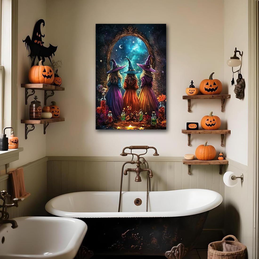 Witch Poster Halloween Fall Wall Art Decor,Three Witches with Magic Potion Mirror Colorful Vintage Print,Dark Academia Spooky Canvas Art Prints for Home Living Room,16"x24" Framed