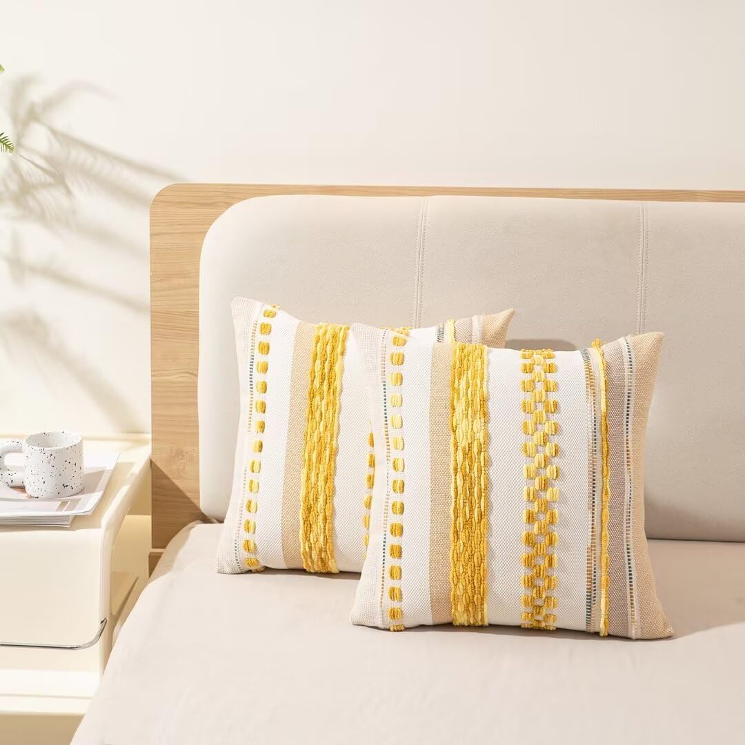 Boho Throw Pillow Covers 18x18 Set of 2 Farmhouse Decorative Cushion Case Striped Square Pillows Cover Chenille Pillow Cases Accent Neutral Pillowcase for Sofa Couch Bed,Yellow