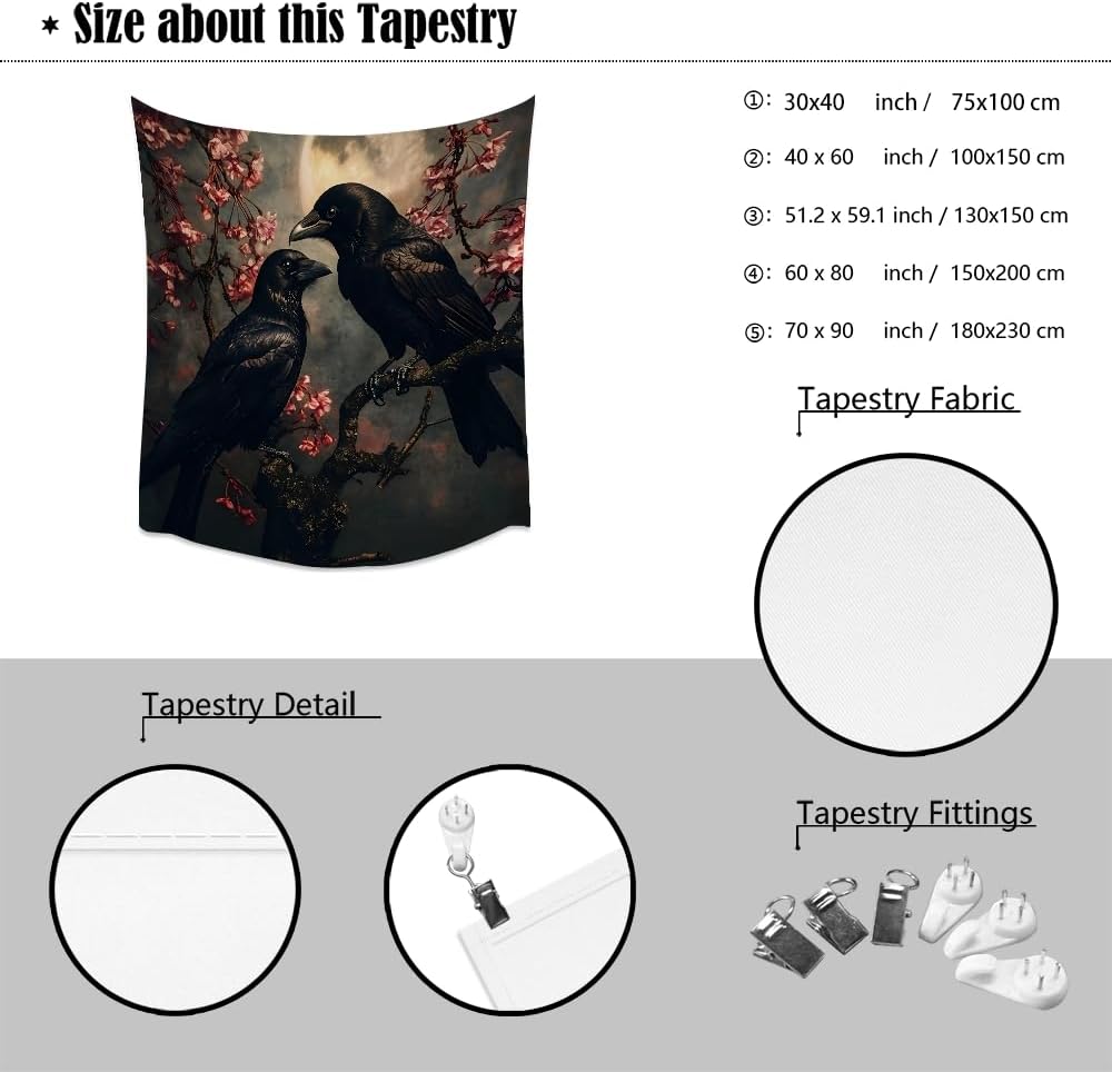 Mystic Gothic Raven Tapestry Halloween Crow Decor Vintage Dark Academia Bedroom Tapestries Retro Art Aesthetic Wall Tapestry for Bedroom Dorm Living Room white