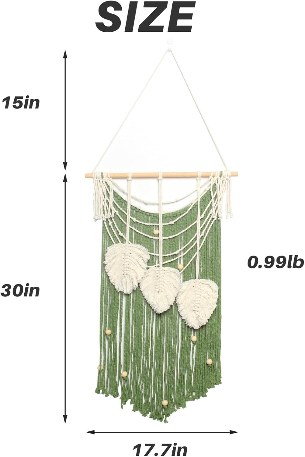 JONKASIPA Macrame Wall Hanging Bohemian Handmade Leaf Feather Wall Art Decorations, Green fringe Chic Home Decor for Apartment Dorm Living Room Bedroom