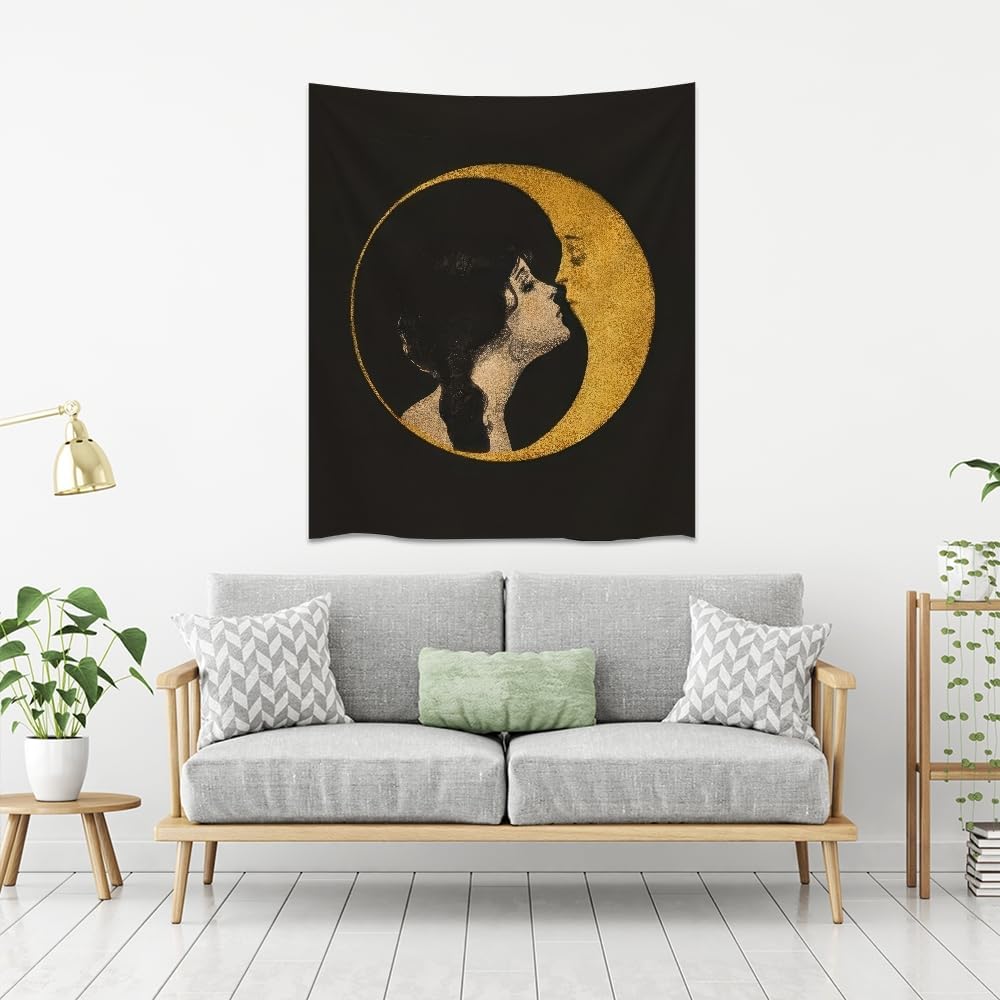 Dark Academia Woman Kissing Moon Art Tapestry Gothic Aesthetic Wall Hanging Witchy Picture Print Moon Goddess Tapestries Wall Decor for Living Room Bedroom Dorm 70x90inch