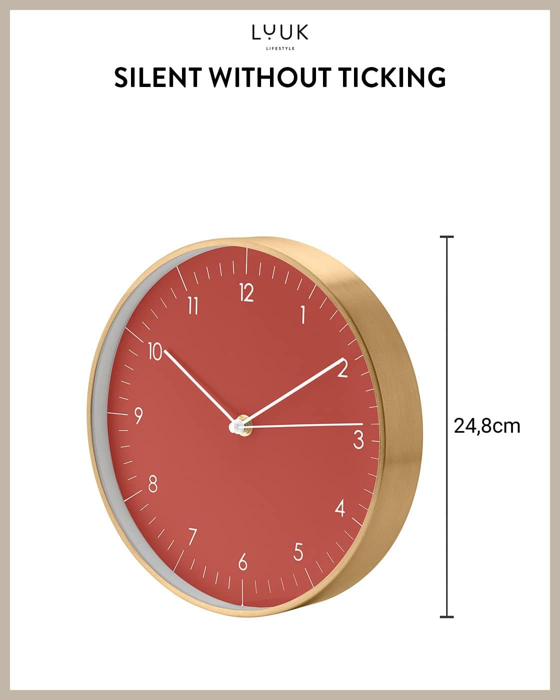LUUK LIFESTYLE Modern Wall Clock with Silent Quartz Movement, Stylish and Elegant, for Living Room, Bedroom, Dining Room, red and Gold