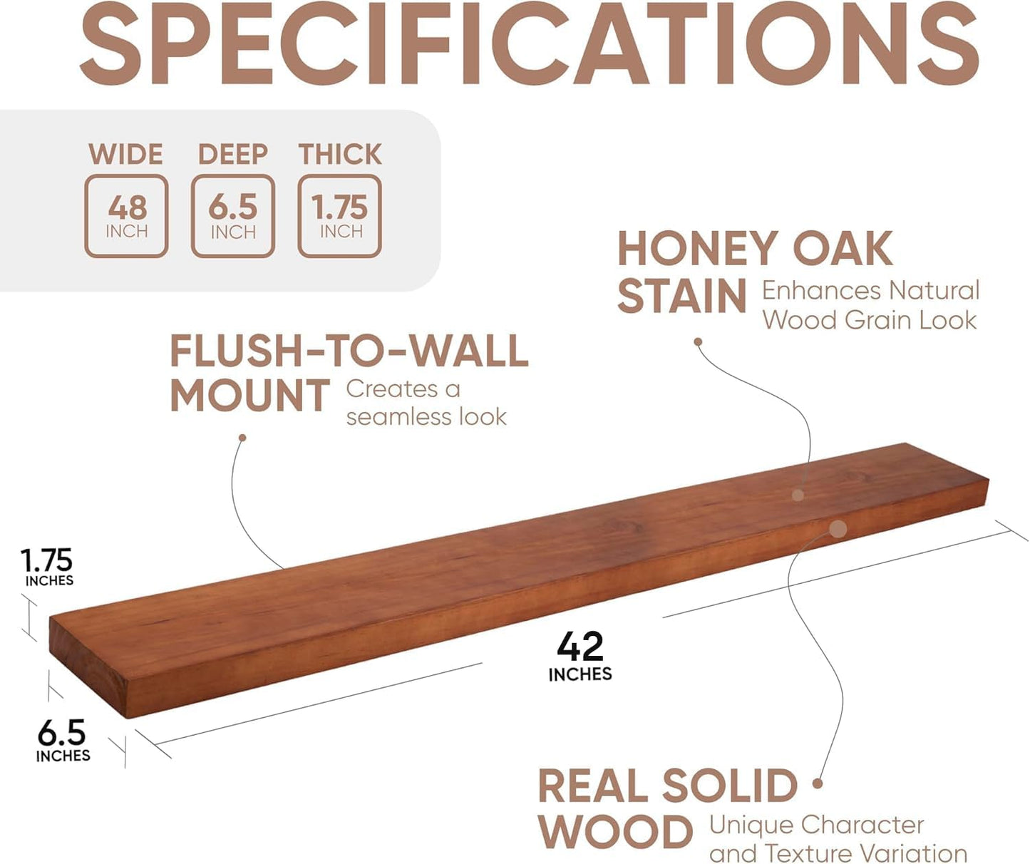 Homeforia Oak Floating Shelves 42 inch Long, High End Solid Real Wood 42inch Floating Shelf for Wall Mounted, Honey Oak Wooden 42in Floating Shelves, Heavy Duty Bracket, 42 X 6.5 X 1.75 in, Set of 2