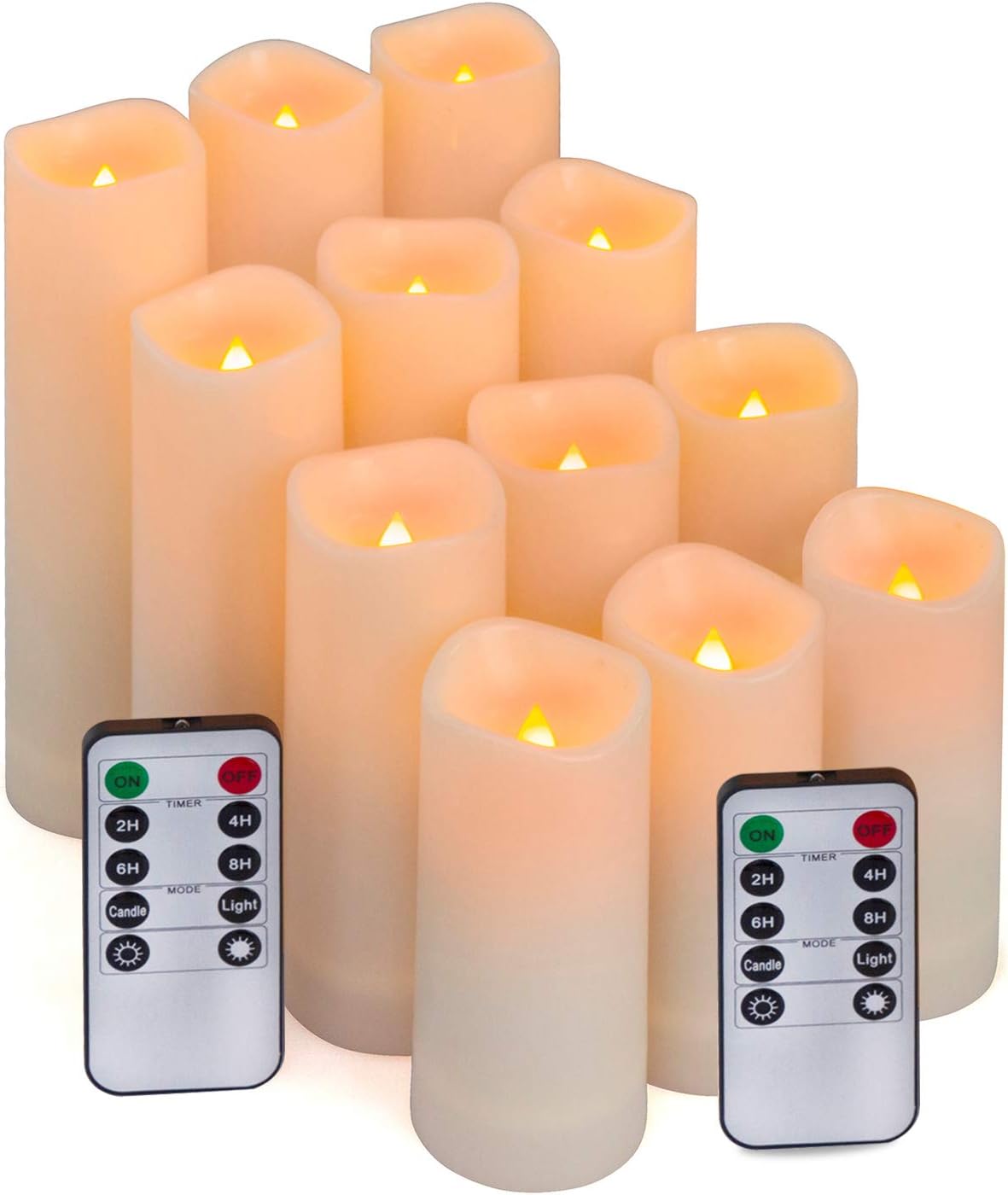 Aignis 12pcs Flameless LED Candles Battery Operated with 10-Key Remote Timer, Outdoor Indoor Waterproof, Warm Flickering Glow for Cozy & Romantic Home/Wedding/Holiday Décor(D2.2''xH4/5/6/7'')