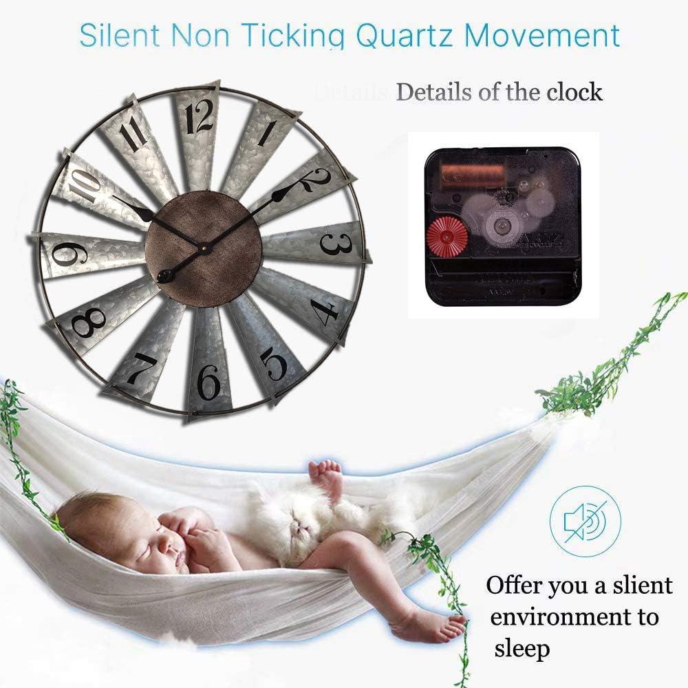 Mrocioa 30inch Windmill Distressed Metal Wall Clocks Rustic Large Decorative Clock Oversized Farmhouse Decor,Non Ticking,Battery Operated