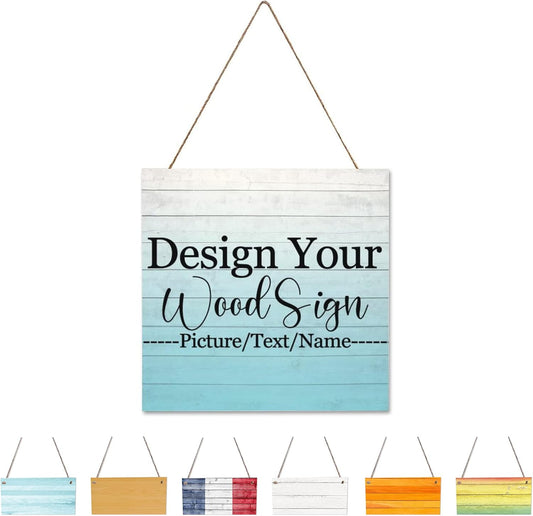 Personalized Hanging Wood Signs, Customized Door Board with Multiple Wood Background and Fonts to Choose, Design Your Rustic Decoration Sign for Home Kitchen Farmhouse 11.8x11.8 inch