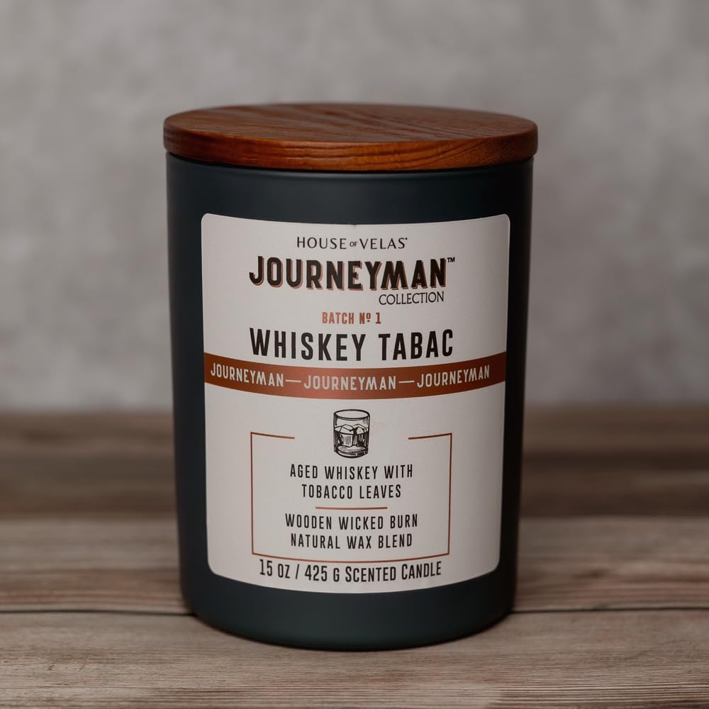 Journeyman Collection Candle, 15oz, Wooden Wick, Whiskey Tabac, Large Painted Jar