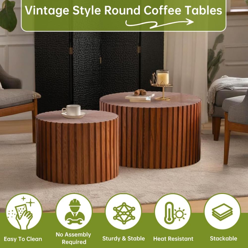 Round Nesting Coffee Table Modern Walnut Fluted Coffee Table Set of 2 Stripe Round Coffee Table Circle Drum Coffee Tables for Living Room (Walnut Large)