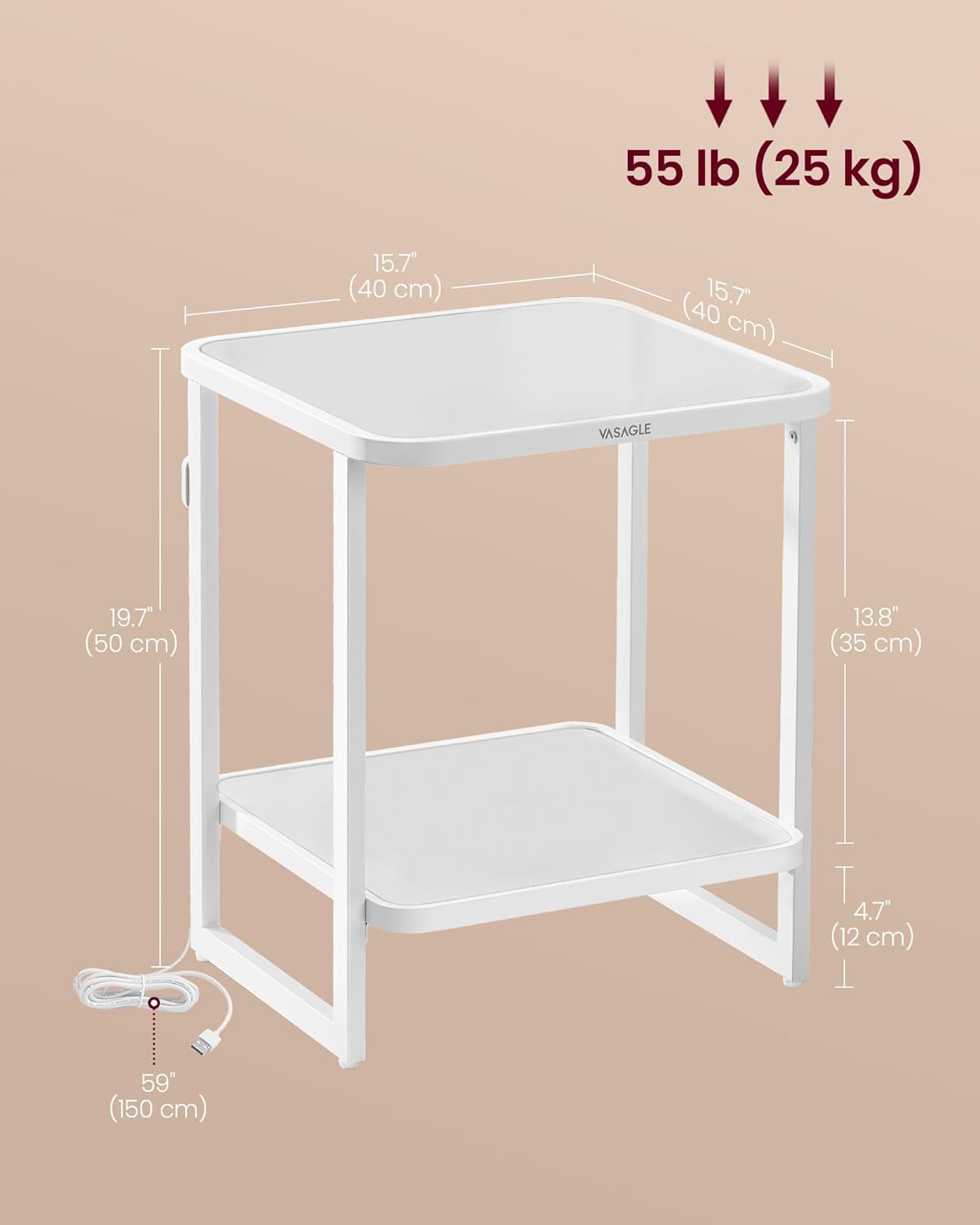 VASAGLE End Table, 2-Tier Side Table with LED Lights, Modern Nightstand, Square Bedside Table, Frosted Glass, Bottom Shelf, for Bedroom, Cloud White and Pearl White ULET232W01