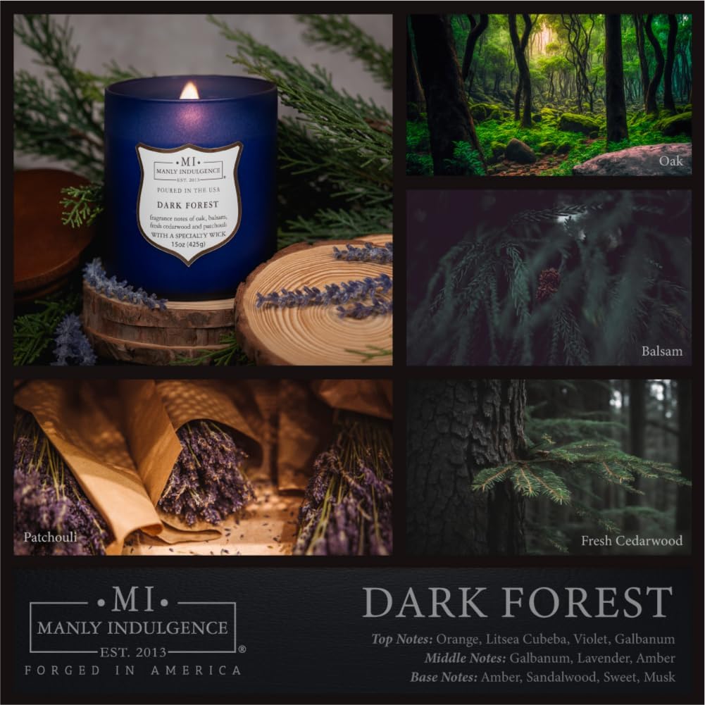 Manly Indulgence Dark Forest Scented Jar Candle for Men, Wood Wicked Candle, 15 oz - Oak, Balsam, Fresh Cedarwood & Patchouli - Up to 60 Hours Burn, Soy Blend Wax, USA Poured, Navy Blue