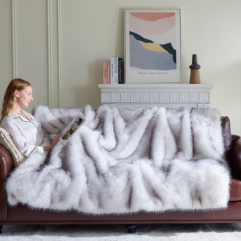 Fluffy Faux Fur Throw Blanket – Super Soft Warm Thick Plush Blanket for Bed, Couch & Office, Cozy Fuzzy Throw with Flannel Backing,60"x80", White
