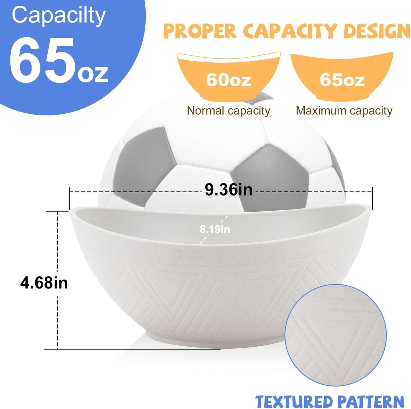 Wheat Straw Bowls Set of 2 with Textured Pattern,Unbreakable Large Salad Bowls,Plastic Bowls Dishwasher & Microwave,Sturdy and Stackable Kitchen Bowl Sets for Serving,Oatmeal.White