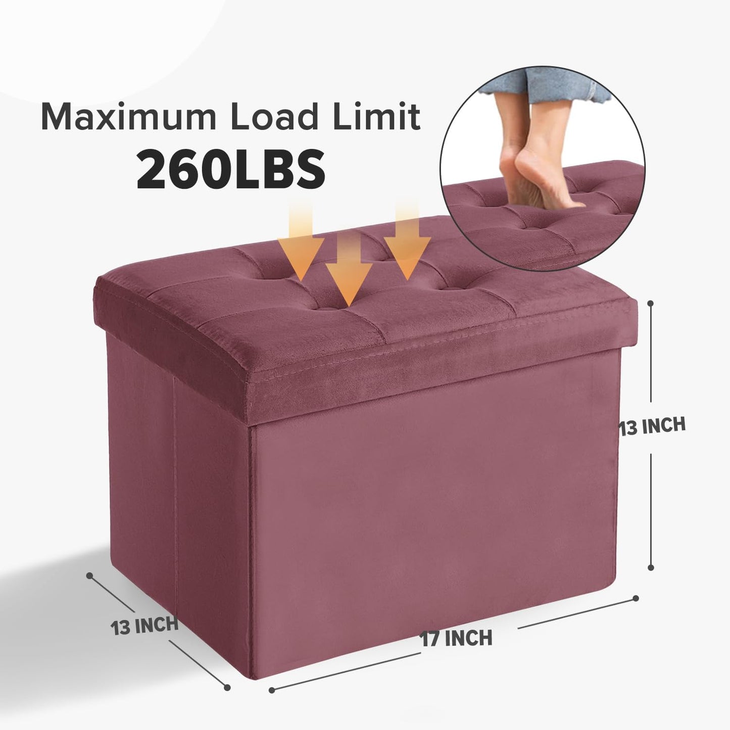 LINMAGCO Storage Ottoman Folding Foot Stool Velvet Footrest with Padded Modern Ottoman with Storage for Living Room Puppy Step Stool 17x13x13in(Jelly Pink)