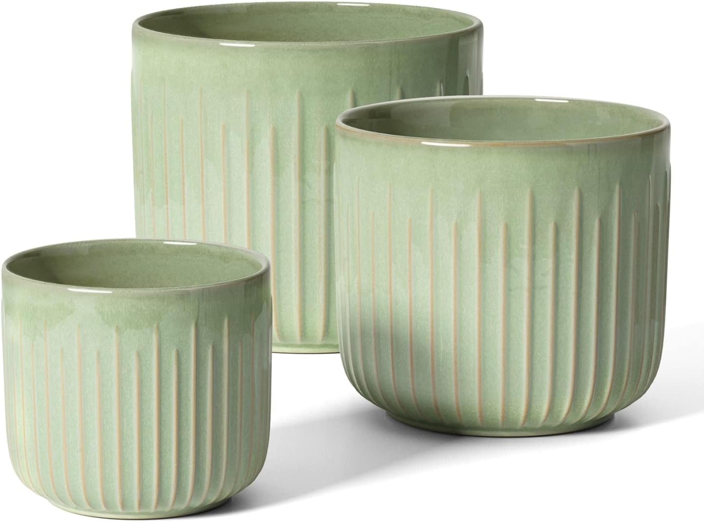LE TAUCI Fluted Ceramic Planters Set of 3 – 8.3/7 / 5.7 in Sage Green Reactive Cylinder Indoor Plant Pots with Drainage Plug & Mesh, Glossy Stoneware Flower Pots for Succulents Herbs