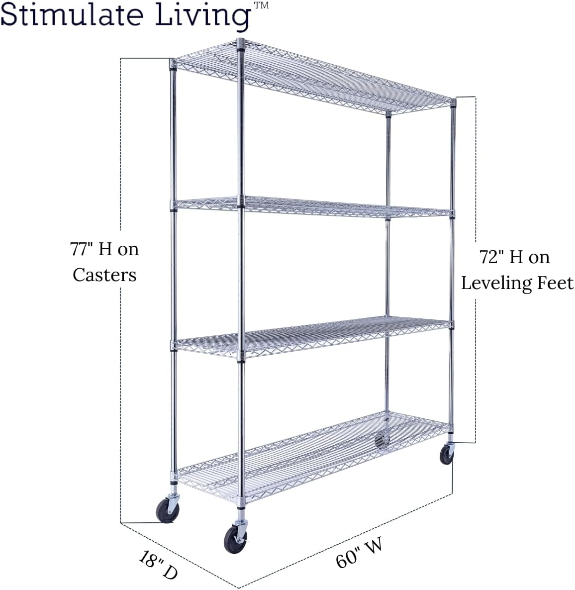 60"x18"x72" Prime Heavy Duty Chrome 4-Tier Wire Shelving NSF 3200 LBS MAX Capacity Storage Rack for Commercial, Hospital, School, Garage, and Kitchen Uses (with Wheels)