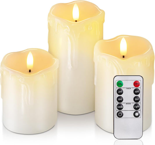 Homemory Dripping Wax Flameless LED Pillar Candles, Battery Operated with Remote Control and Timer, Set of 3, 5" H x 4" W x 6" D