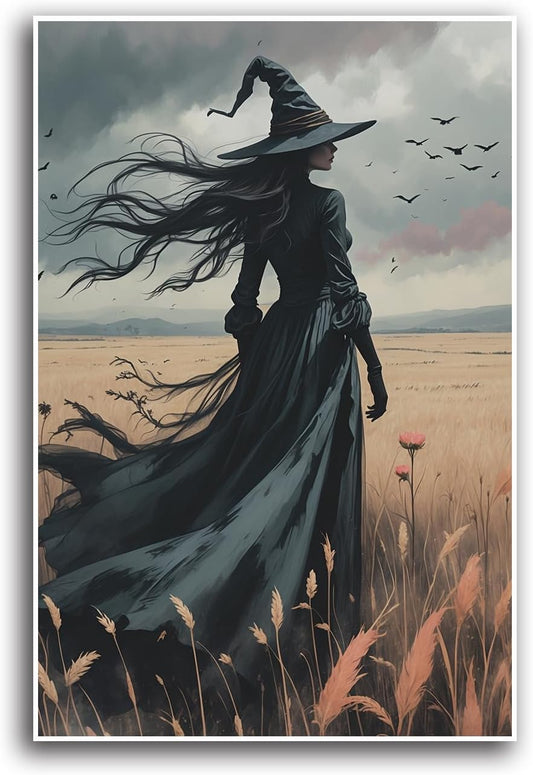 JFHCQJPK Gothic Decor Canvas Wall Art Witch in Rice Field Halloween Art Decor Print Nature Print Victorian Home Bedroom32x48in Frameless