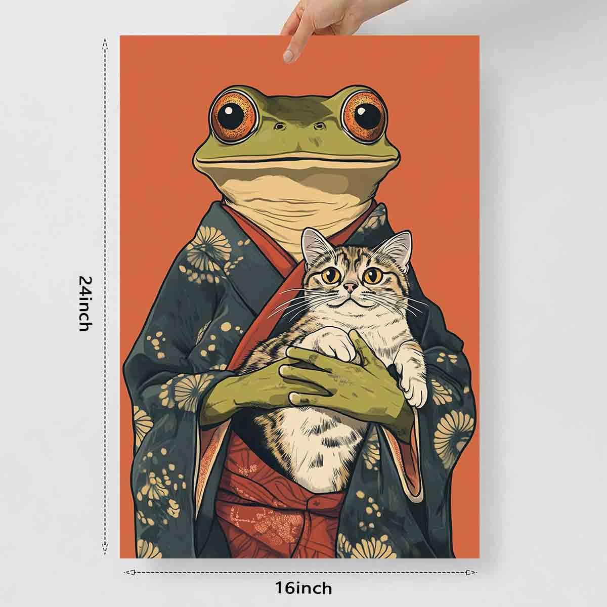 Japanese Frog Wall Art Funny Frog Posters Cute Cat Poster Japanese Cat Poster Funny Animal Wall Art Retro Animal Prints Whimsical Prints Aesthetics Vintage Abstract Painting Decor 16x24inch No Frame