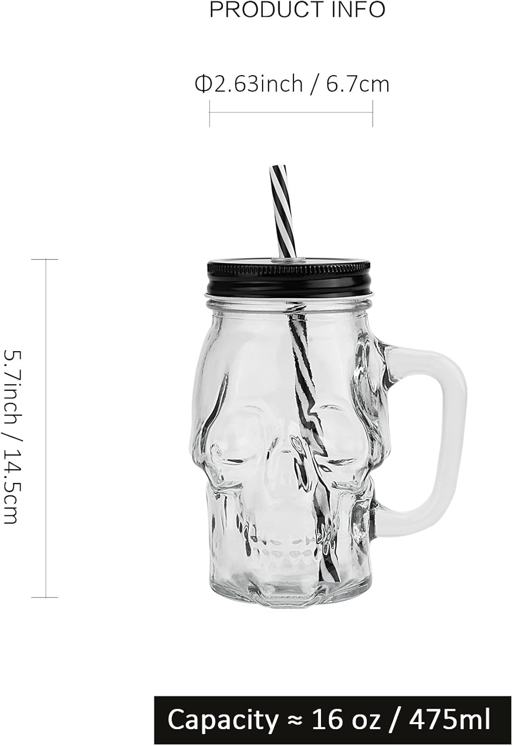 Halloween Cups Set of 4 - Skull Mason Jar with Lids Straws and Handle - Skull Drinking Glasses for Halloween Party Bar Decor (16 oz, Clear)