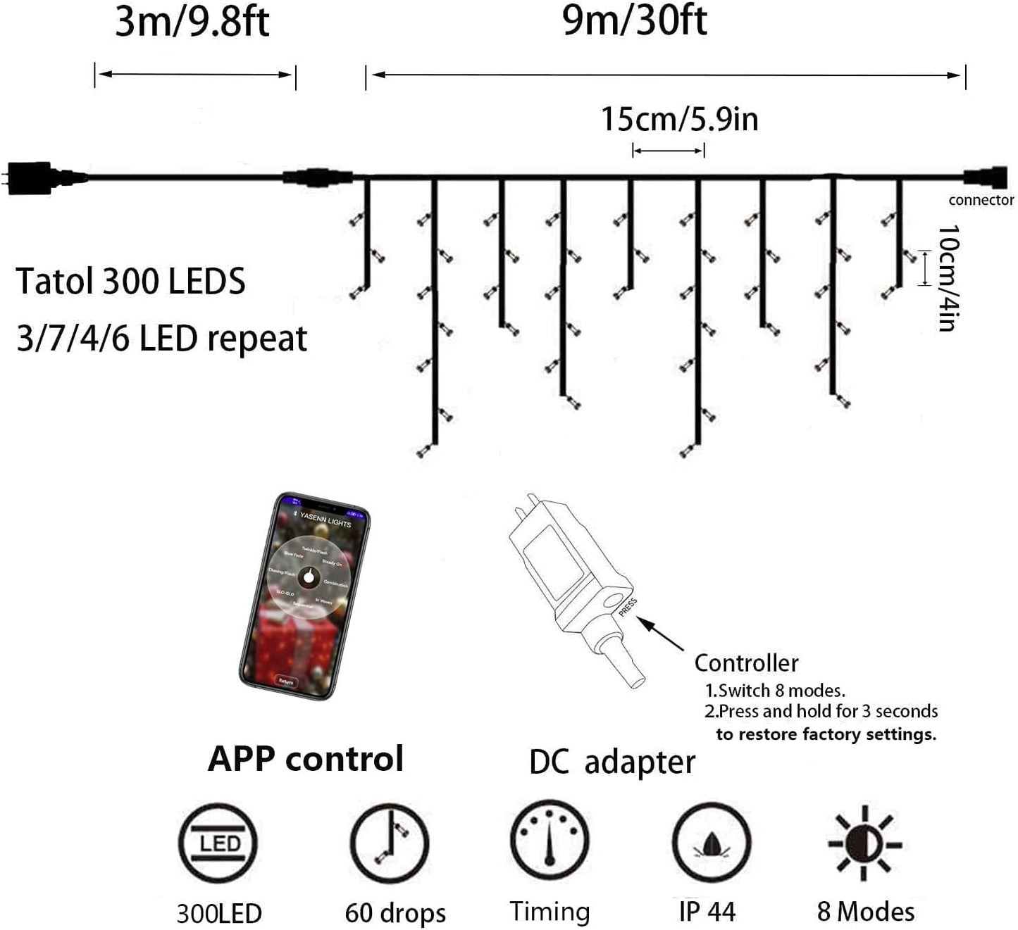 YASSEN Bluetooth APP Fairy Lights - 300 LED 30ft Icicle Style String Lights for Indoor & Outdoor Decorations (Warm White)