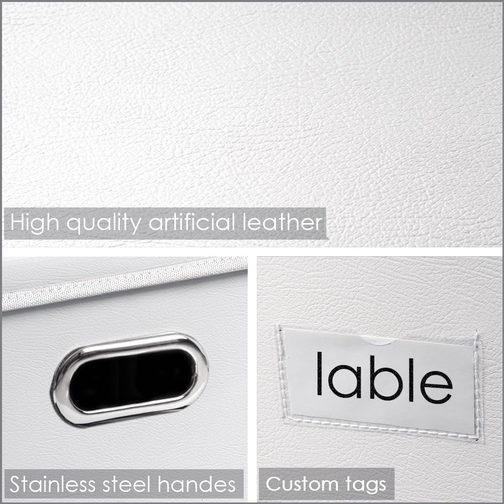 PRANDOM Collapsible Storage Box with Lid [3-Pack] Leather Fabric Foldable Storage Bin Organizer Container Basket Cube with Cover for Home Bedroom Closet Office Nursery White(13.6x9.6x6.9)