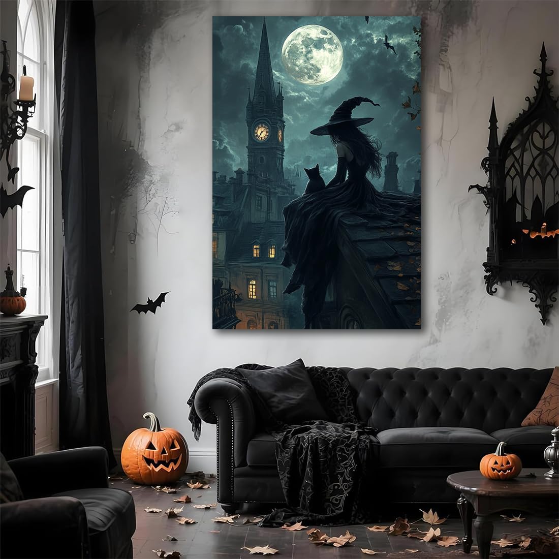 Halloween Witch Black Cat Wall Art,Magical Moon Witch on Roof with Black Cat at Night Scene Painting Haunting Dark Witches Canvas Print for Haunted House Party Decor Poster,8"x12" Framed