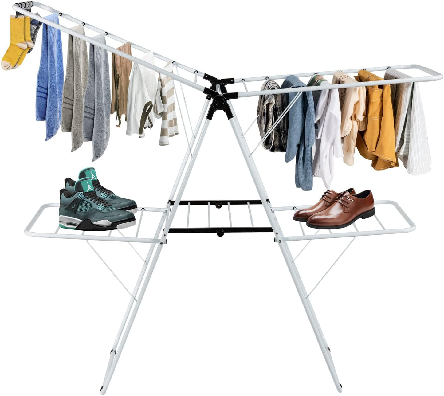 COSTWAY Clothes Drying Rack, Foldable 2-Level Laundry Drying Rack w/Height-Adjustable Wings, 33 Drying Rails & Sock Clips, Standing Large Drying Rack for Clothing, Indoor Outdoor Use