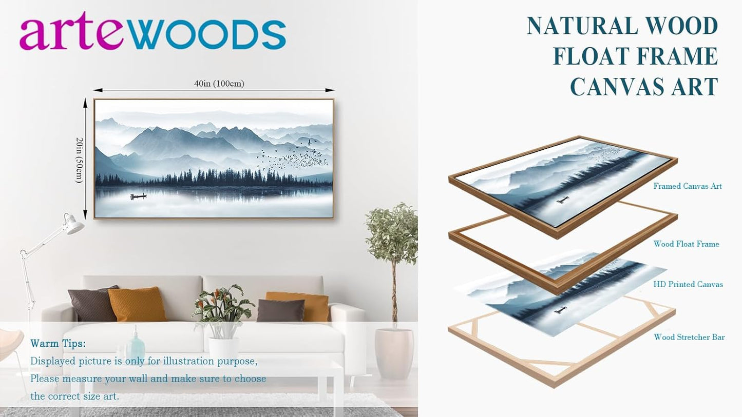 Indigo Framed Canvas Wall Art Misty Mountain Wall Pictures Foggy Lake Boat Canvas Painting Prints Forest Birds Canvas Wall Decor for Living Room Bedroom Decorations Framed 20" x 40" Natural