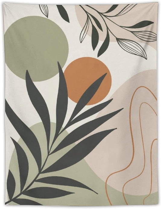Abstract Bohemian Mid Century Tapestry, Tropical Leaves Modern Geometric Archway Minimalist Bohemian Botanical Aesthetic Wall Hanging, Sage Green Gold Home Decor Art for Bedroom 60x80 Inch