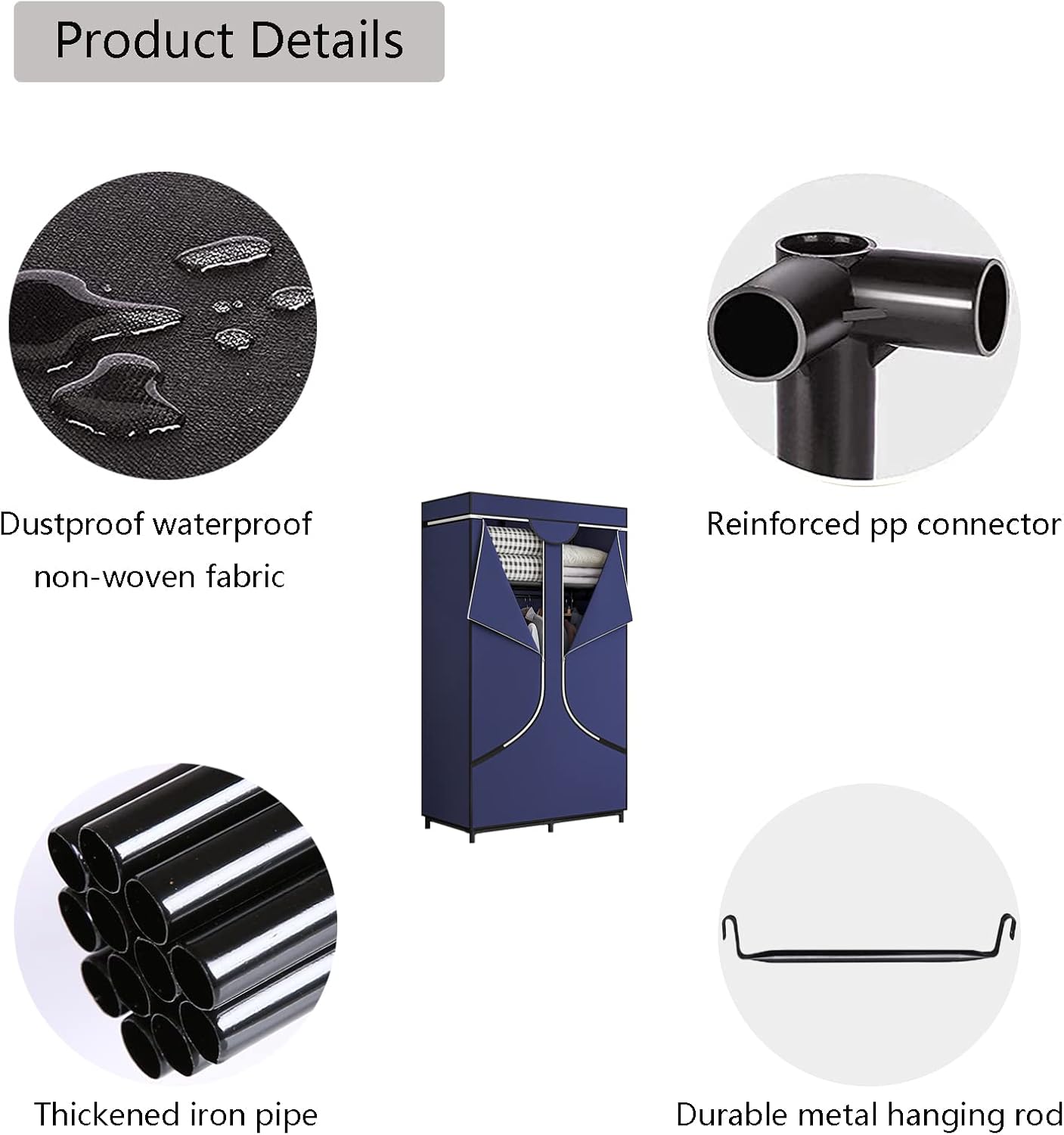 SORCEDAS Portable Wardrobe Closet Storage Organizer Metal Hanging Rack Non-Woven Fabric 34 Inch Coffee (34 Inch, Blue)