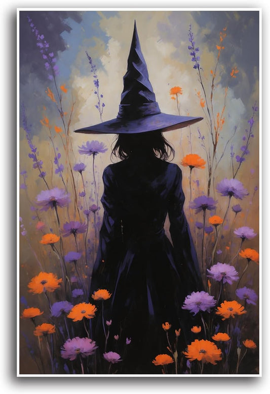 JFHCQJPK Country wildflower witch canvas print halloween mashup art witch purple decoration bohemian elegant art poster8x12in Frameless