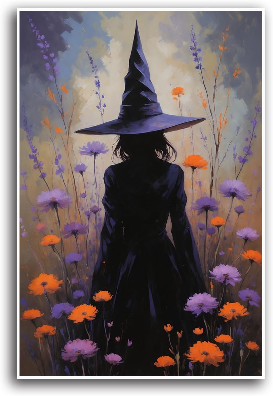JFHCQJPK Country wildflower witch canvas print halloween mashup art witch purple decoration bohemian elegant art poster16x24in Frameless