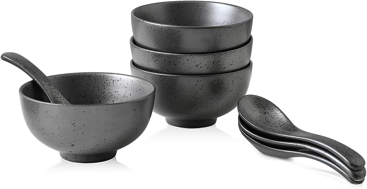 Stone lain Valencia Porcelain 8-Piece Round Bowl and Spoon Serving Set, Metallic Grey