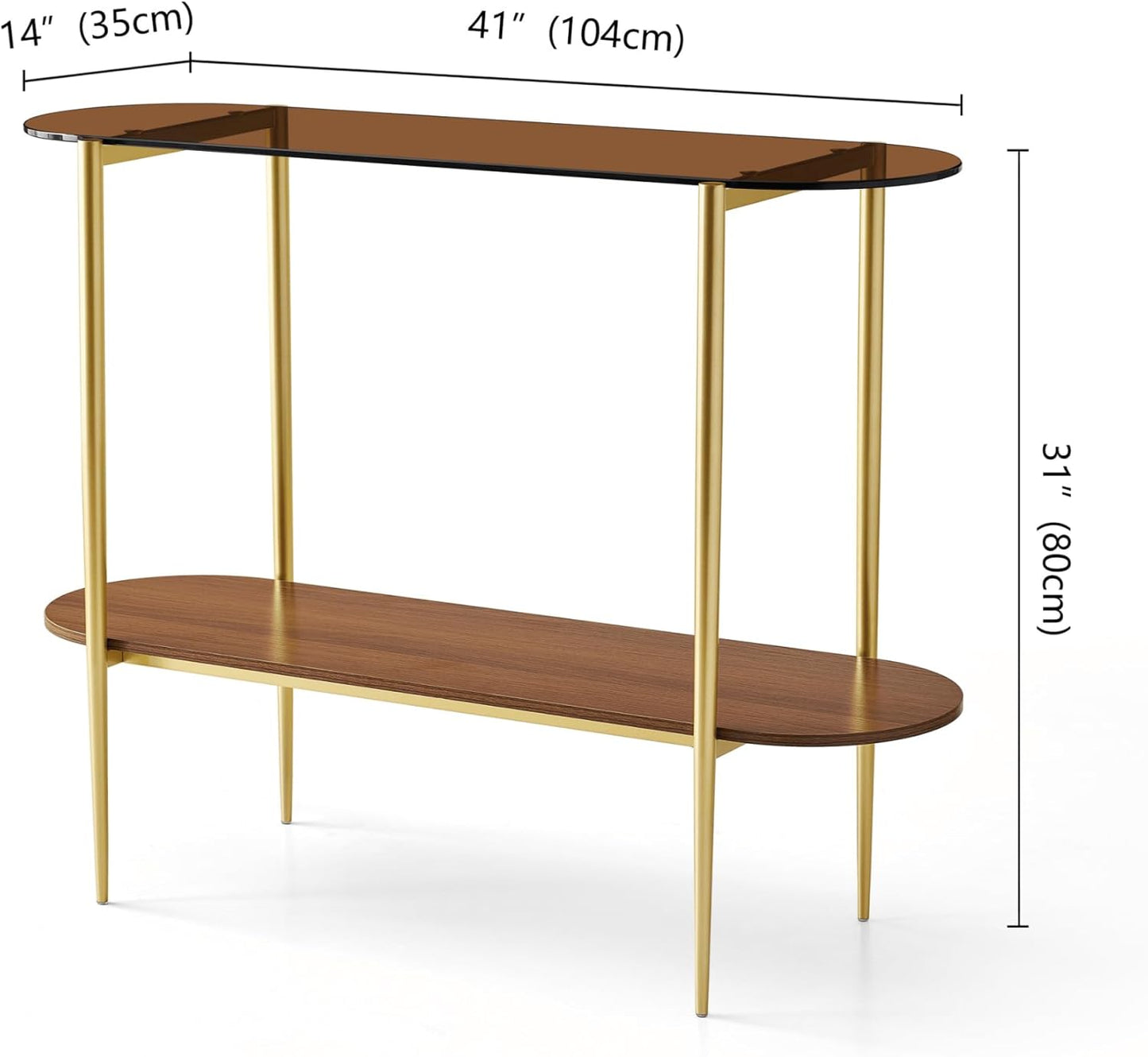 Oval Glass Console Table for Living Room, Foyer & Entrance, 2-Tiers Mid-Century Modern Sofa Table with Amber Glass Top, Walnut Finish Wood Top and Gold Finish Metal Frame