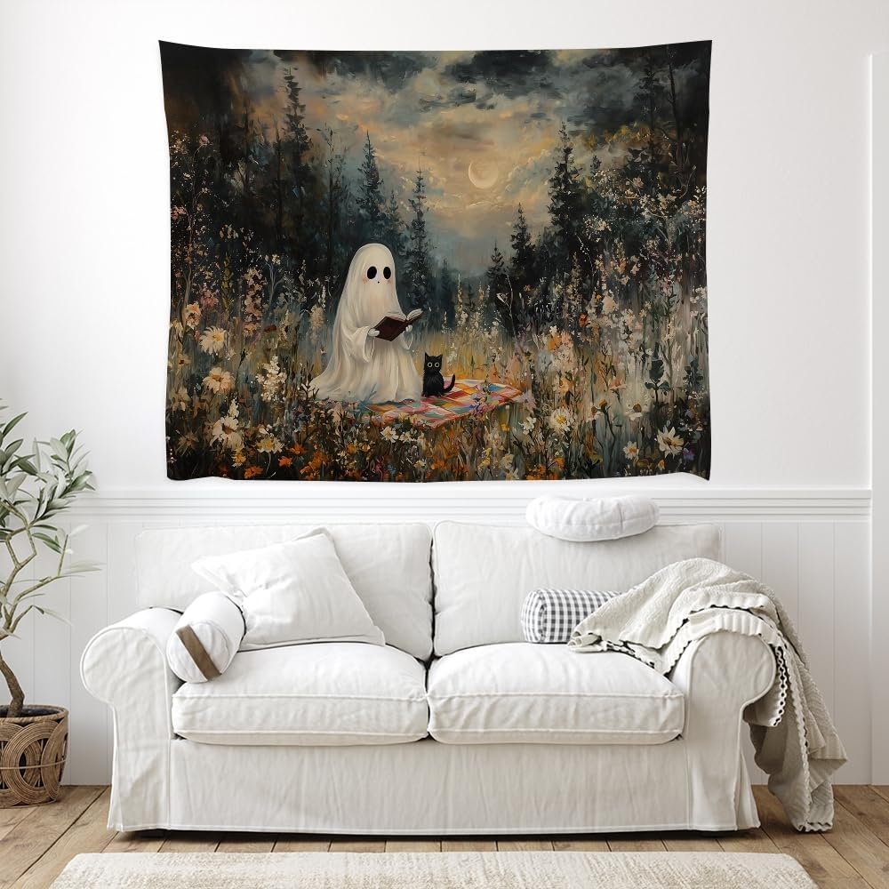 Halloween Ghost and Black Cat Tapestry Wall Hanging Spooky Ghos Reading Book in Wildflowers Wall Decor Halloween Witchy Room Aesthetic Tapestries for Goth Living Room Bedroom Decoration 60x80inch