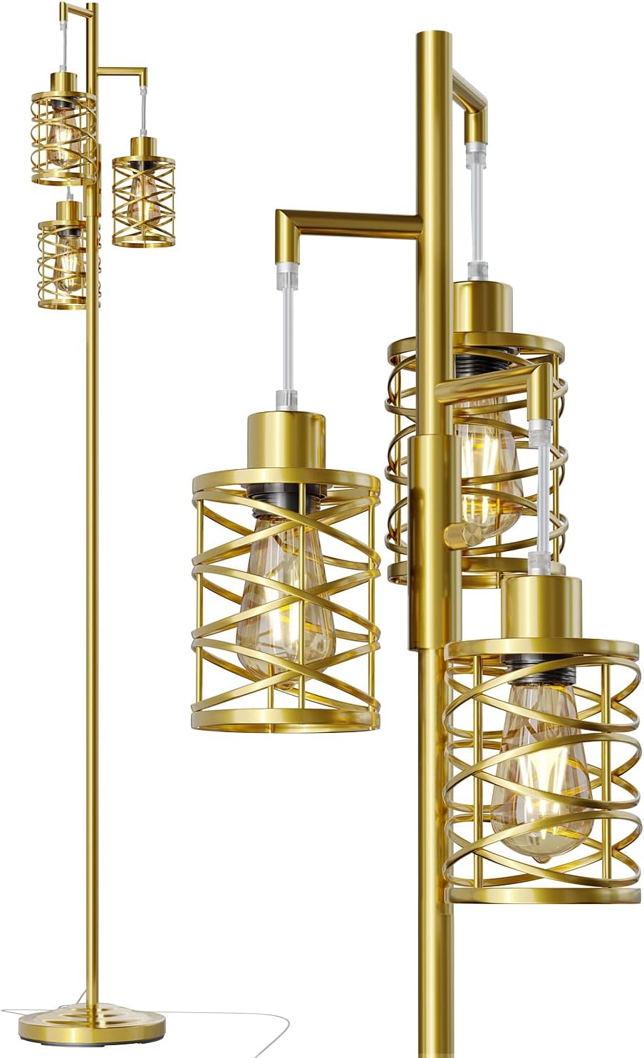 Oneach 70" Industrial Floor Lamp, Stepless Dimmable Standing Lamp with 3 Bulbs, Farmhouse Corner Standing Tree Lamp for Living Room, Tall Lamps for Bedroom, Office, Study Room, Dining Room, Gold