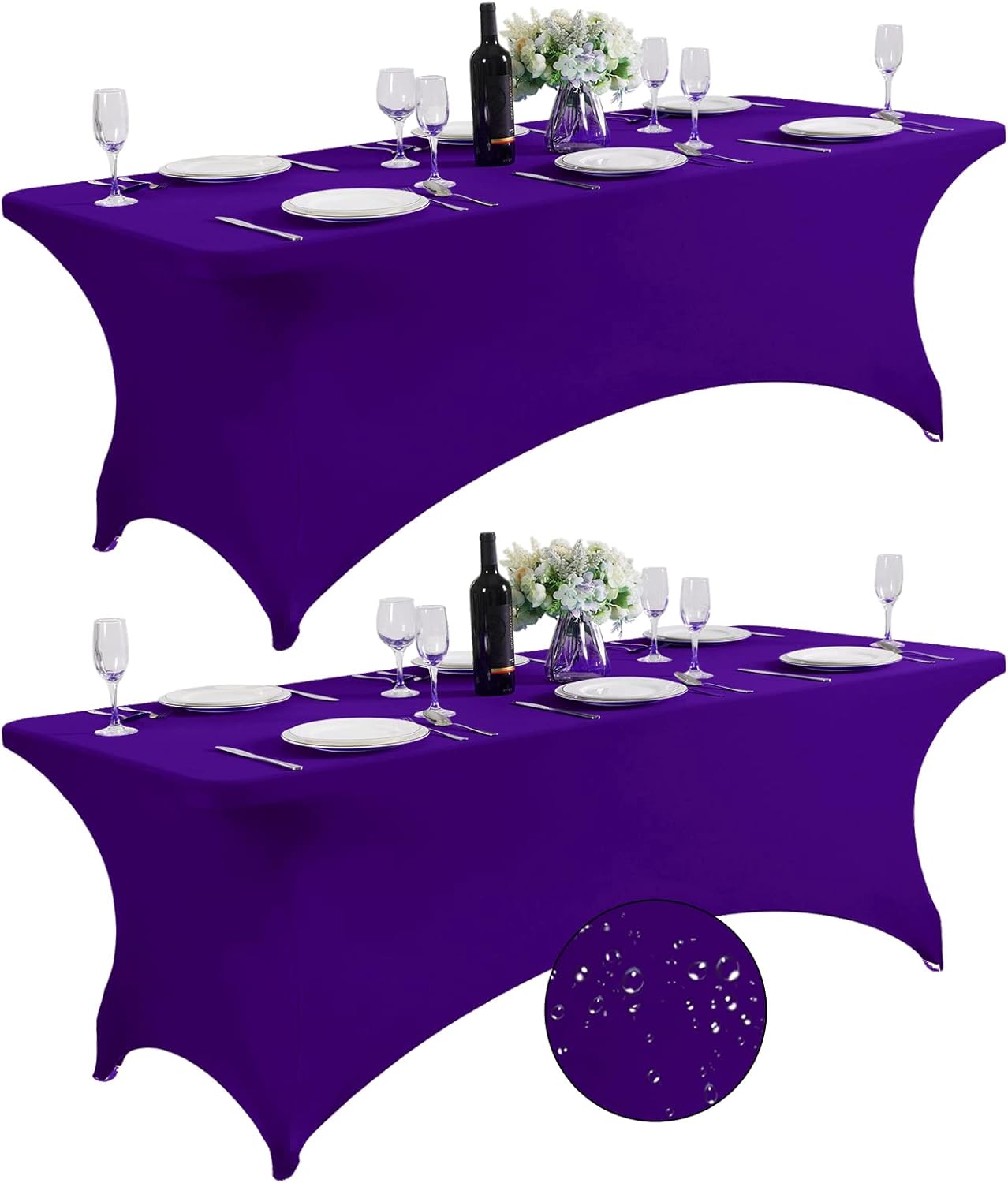 SuperO 2Pack Waterproof Spandex Table Cover for 8FT Table Universal Fitted Stretch Tablecloth for Party, Banquet, Wedding and Events-Purple