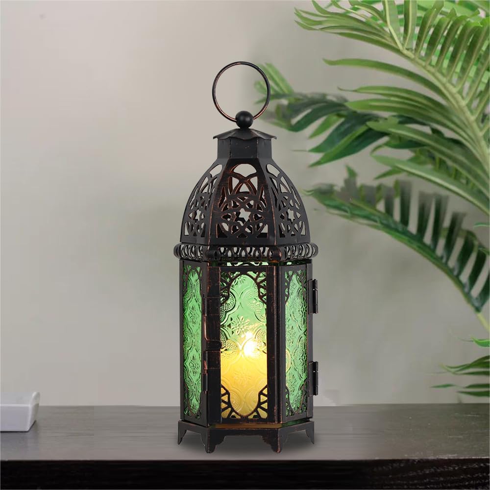 NEEDOMO Hanging Moroccan Lantern, 11'' Vintage Candle Holder, Metal Lanterns Decorative Indoor Outdoor, Table, Patio, Porch, Shelf, Gothic Home Decor (Green, Medium Size)
